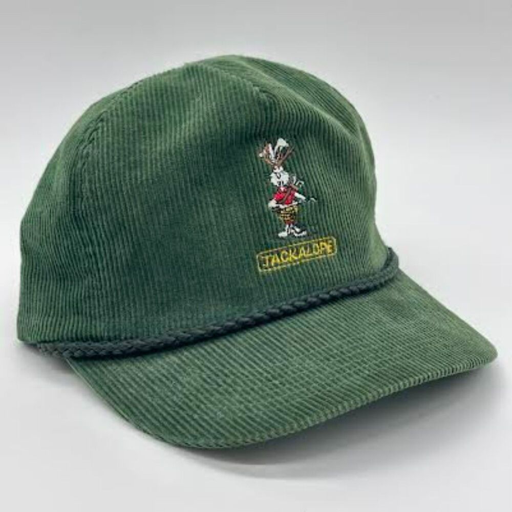 Vtg 80s Green Corduroy Trucker Hat Snap Back Jackelope Adj One Sz Rope Flat Bill